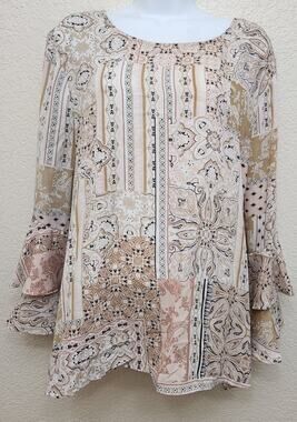 Cato Tan Black Pink Floral Print Bell Ruffled Sleeves Top XL Lightweight Flowy